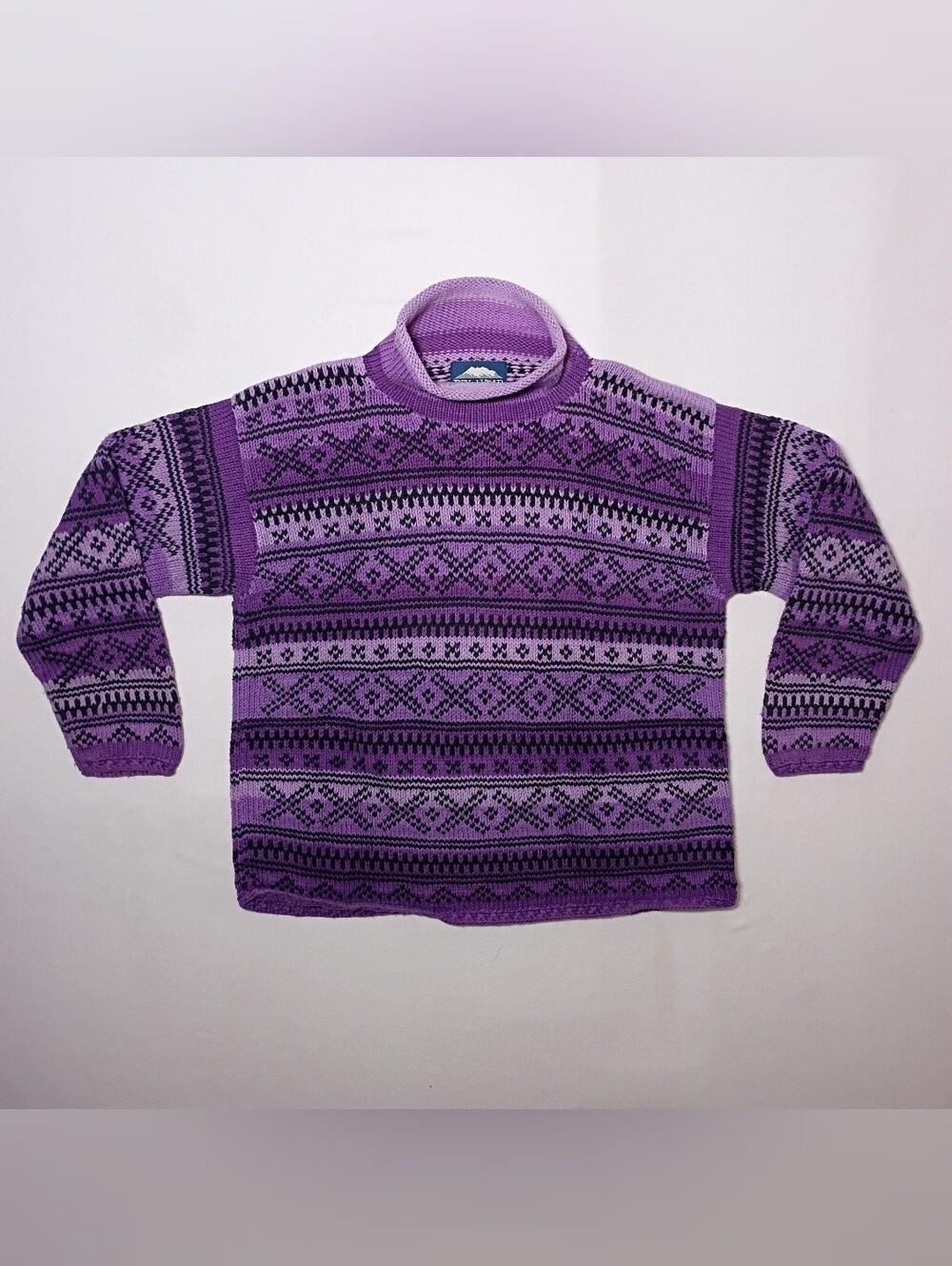 Vintage Rey Wear Womens Nordic Fair Isles Sweater Large Hand Knit Bolivia Purple